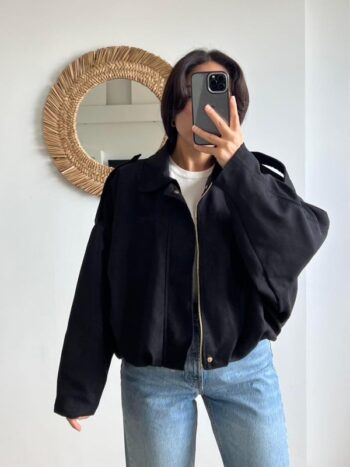 Siyah Fermuarlı Suni Ceket