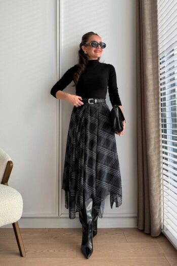 Siyah Bel Lastikli Şifon Etek