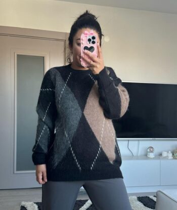 Siyah Baklava Desen Bisiklet Yaka Kazak