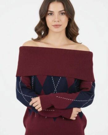 Bordo Baklava Desen Degaje Yaka Kazak