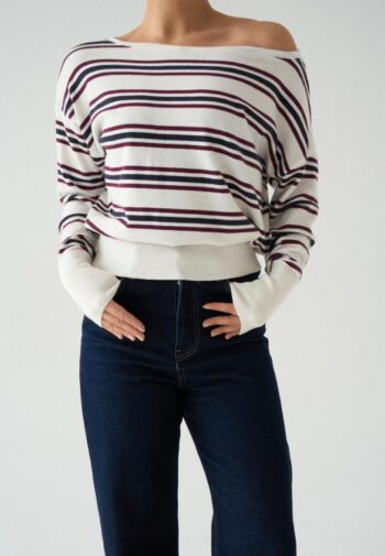 Beyaz Tek Omuz Açık Çizgili Triko