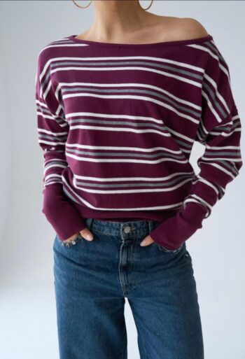 Bordo Tek Omuz Açık Çizgili Triko